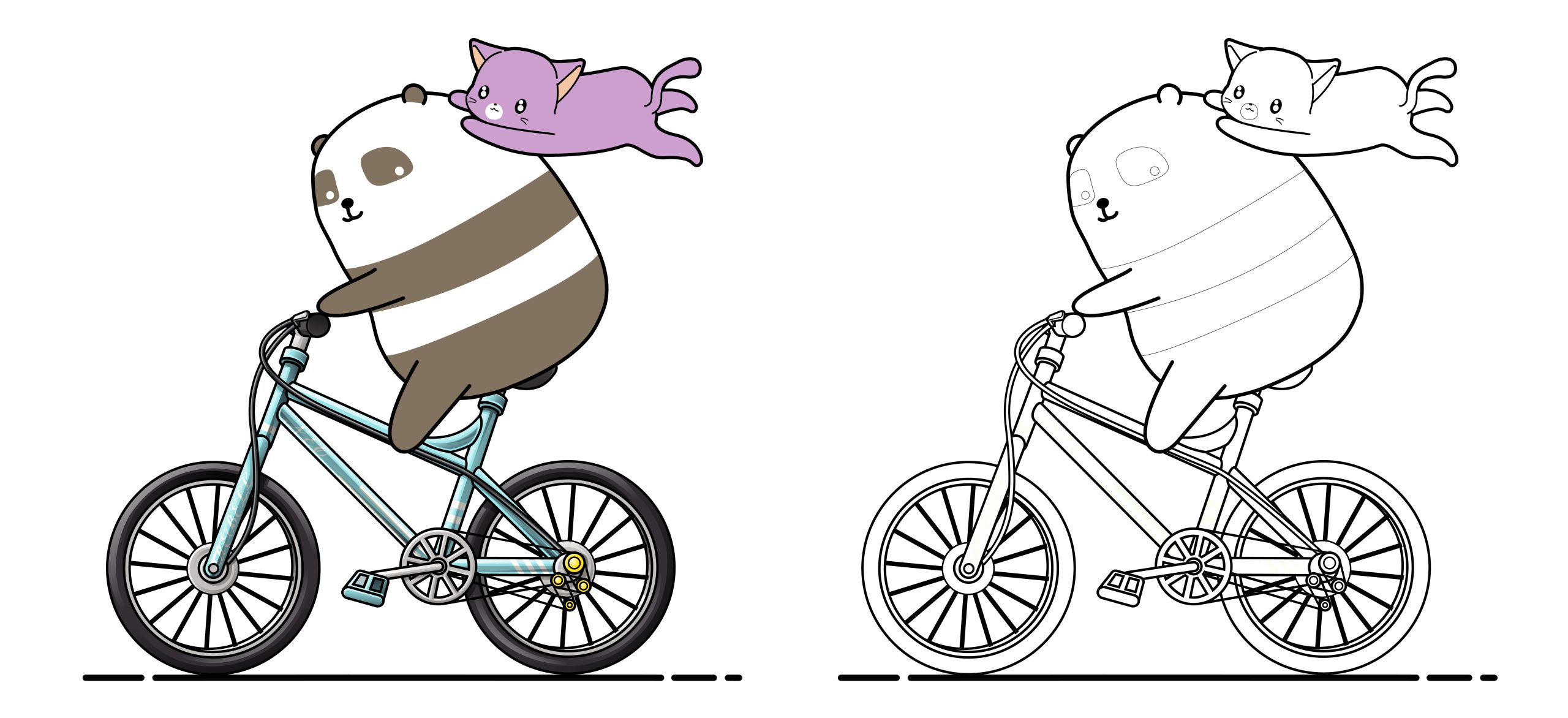 Bicicleta para colorir com panda e gato